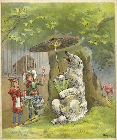 Polar bear being fed ice cream sundae by children by Richard Andre
